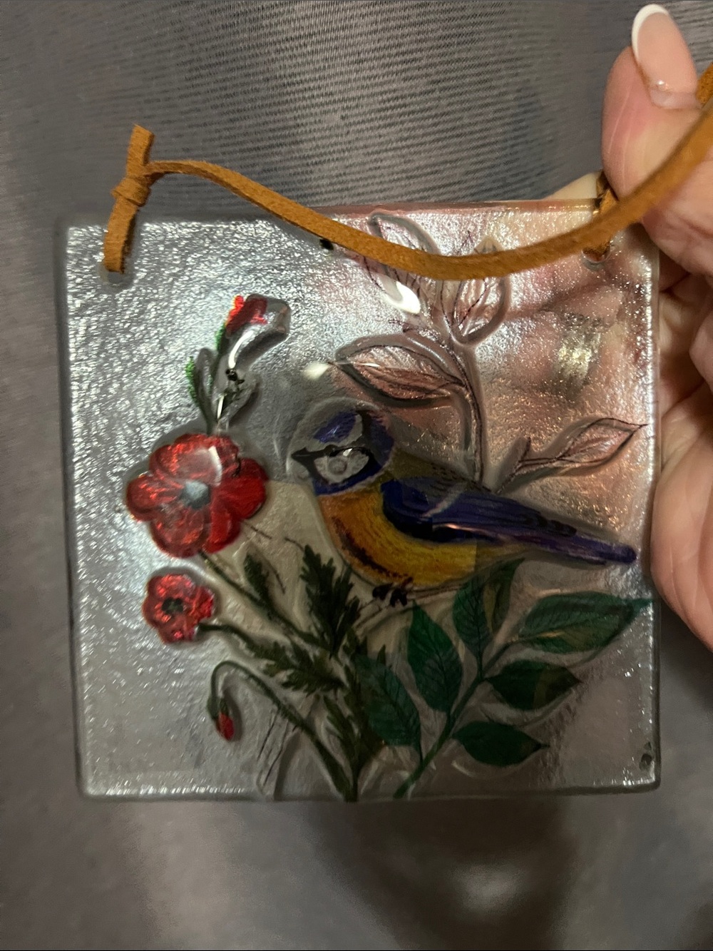 Hand-Painted Blue and Yellow Bird Glass Suncatcher - Decorative Pet Bird Art